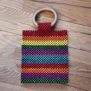 Colorful Beaded Handbag with Wooden Handle Mini Tote Resortwear Cruise Rainbow